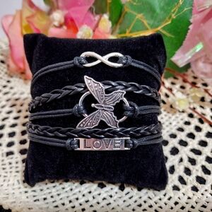 Infinity Love Butterfly Black/Silver Braided Faux Leather multi strand